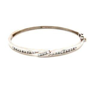 Stunning 14K White Gold Diamond Bypass Design Bangle
